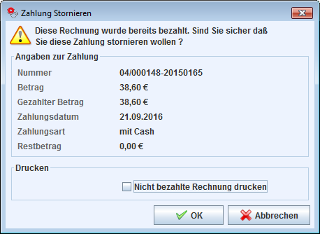 Zahlung Stornieren Dialog