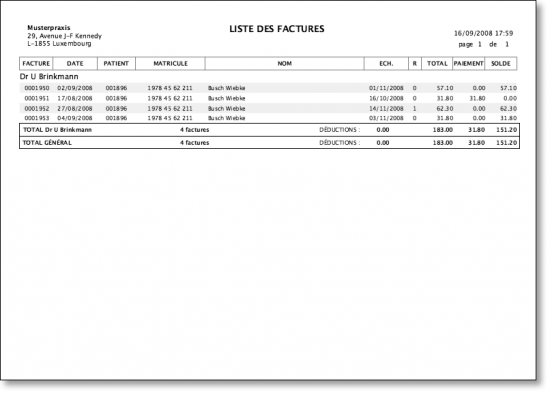 Gedruckte Liste der gefundenen Rechnungen