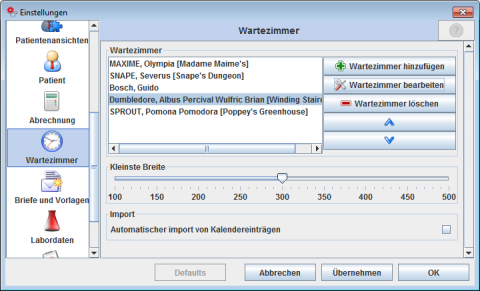 Globale Einstellung des Wartezimmers.