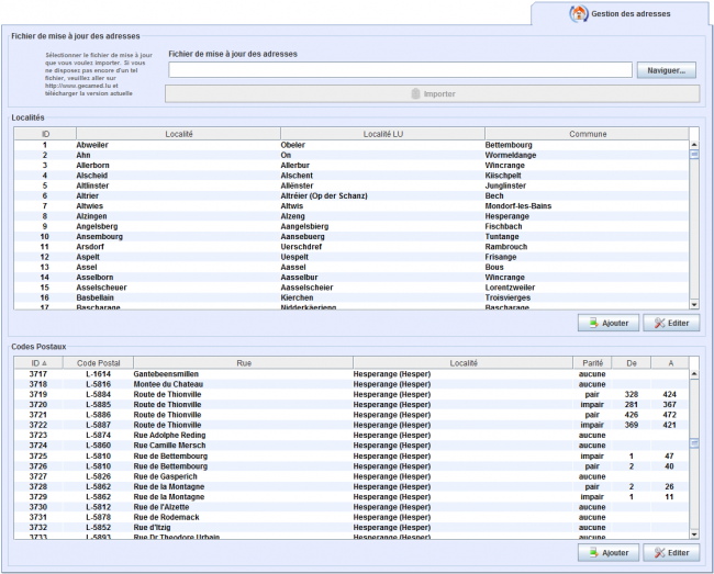 Onglet "Gestion des adresses"