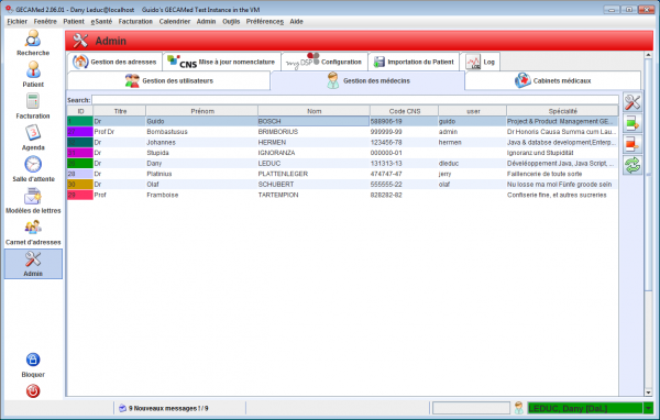 Onglet "Gestion des médecins"