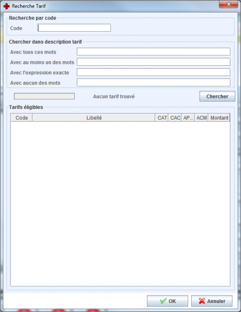 Fenêtre de recherche de tarif