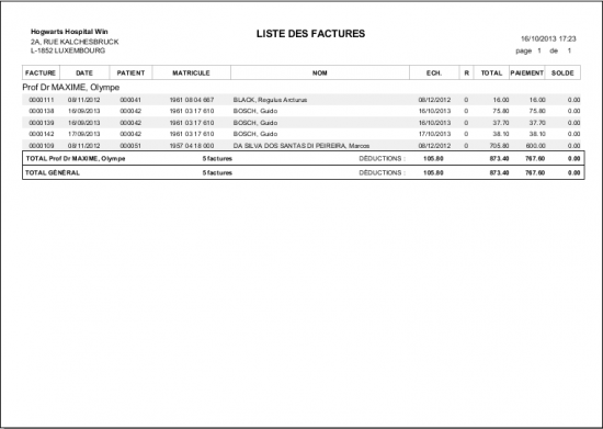  Liste imprimée des factures retrouvées