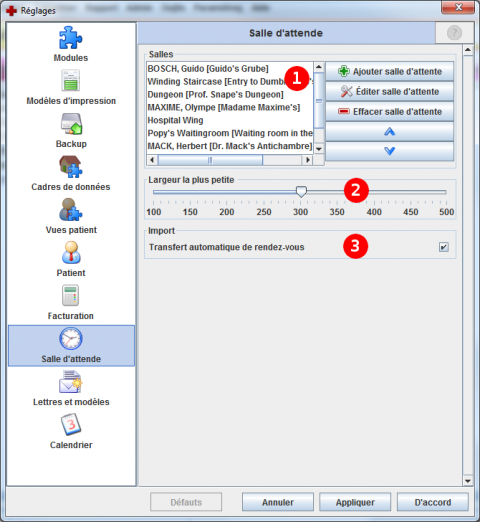 Paramètres globaux du module de la salle d'attente