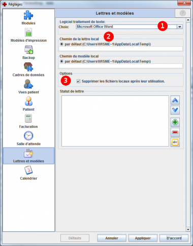 Paramètres du module lettre