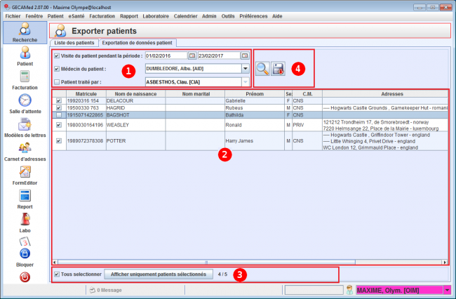 Onglet Exportation de données patient patient