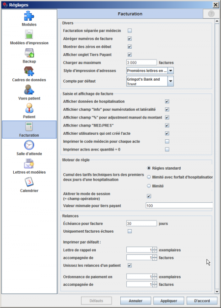 Paramètres globaux du module facturation