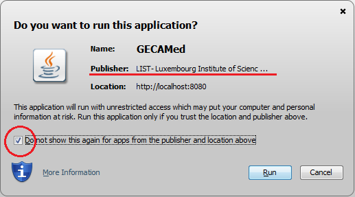 Java security warning when starting a GECAMed client